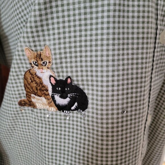 Las Olas Green Checkered Long Sleeve Cat Embroidered Shirt XL - Picture 8 of 10